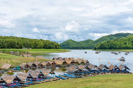 Bamboo rafts are floating restaurant containing raft, bamboo, and restaurant, a Nature Photo by yongkiet jitwattanatam