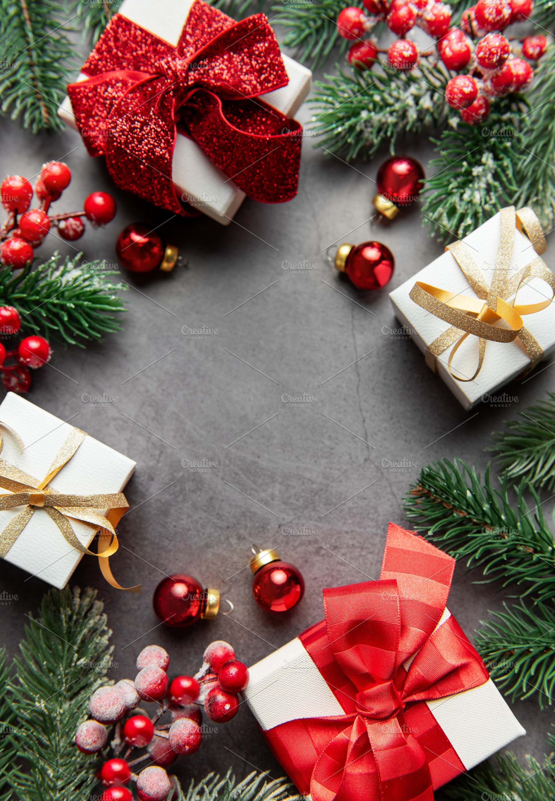 Christmas festive background with gifts, fir branches, and ornam, a Holiday Photo by Olena Rudo