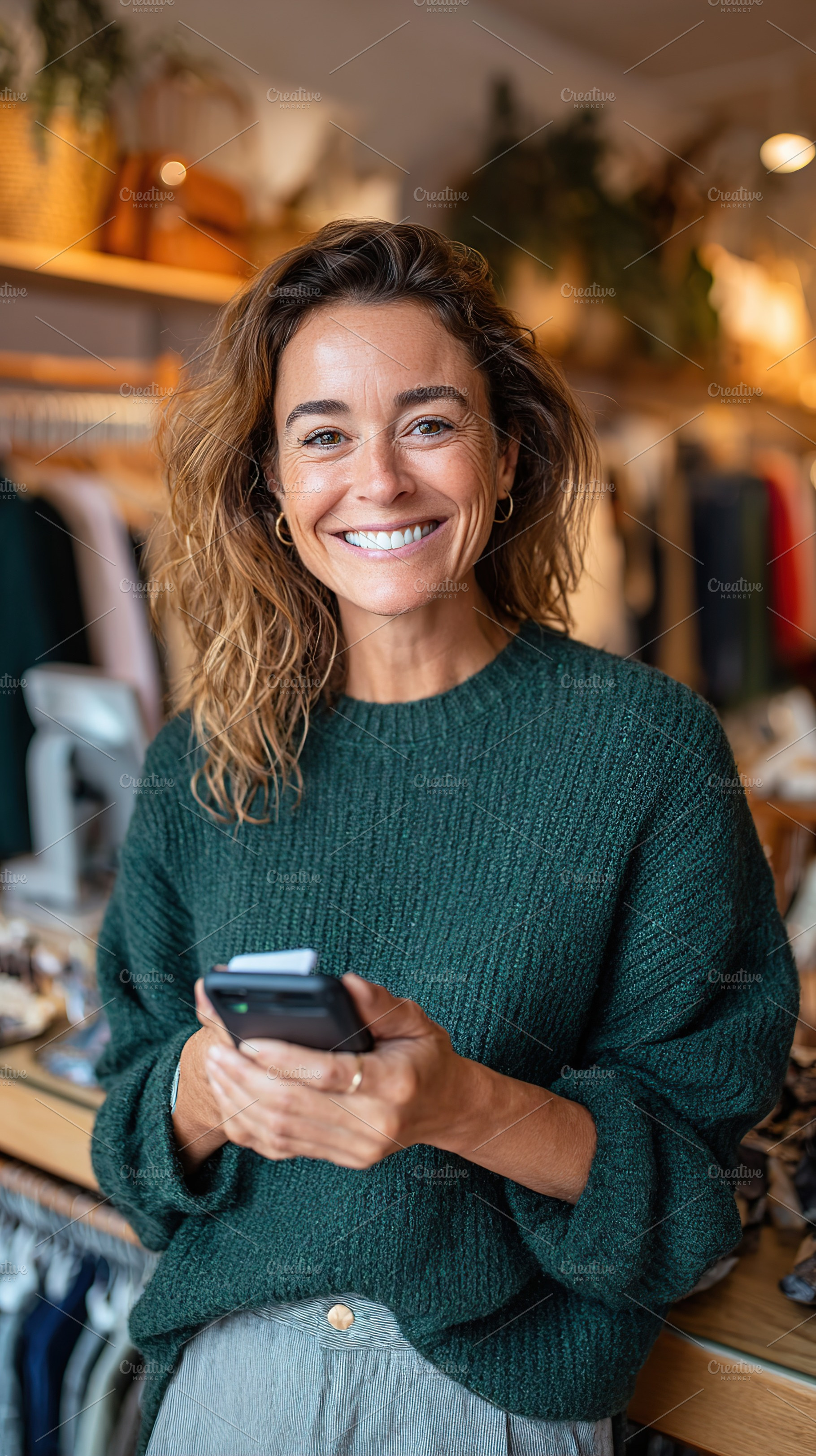 Woman in trendy outfit smiles while holding phone inside a boutique during sunn, a Person Photo by AlyaAnd