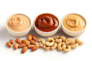 Bowls of hazelnut, cashew and almonds butter on white background, a Food & Drink Photo by AlyaAnd