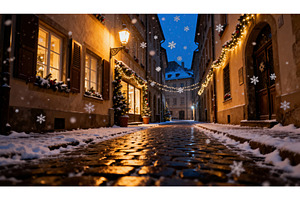 Cobblestone street at dusk with warm, a Holiday Photo by tilialucida