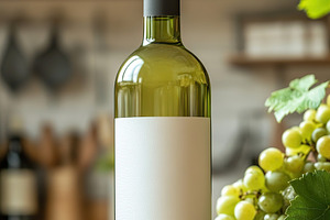 Elegant white wine bottle with blank label beside fresh green grapes on kitchen, a Food & Drink Photo by AlyaAnd