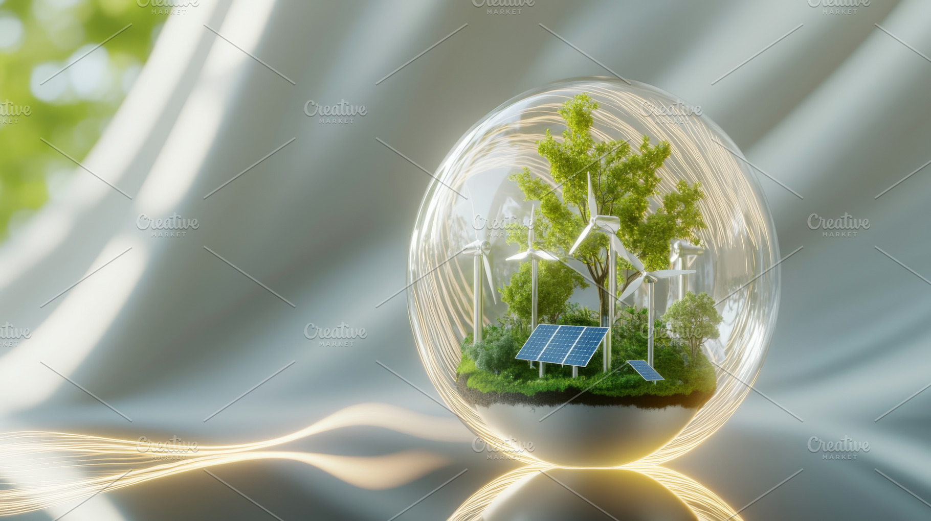 Eco concept for earth day with green trees, wind turbines and so, a Photo by Dvoevnore photos
