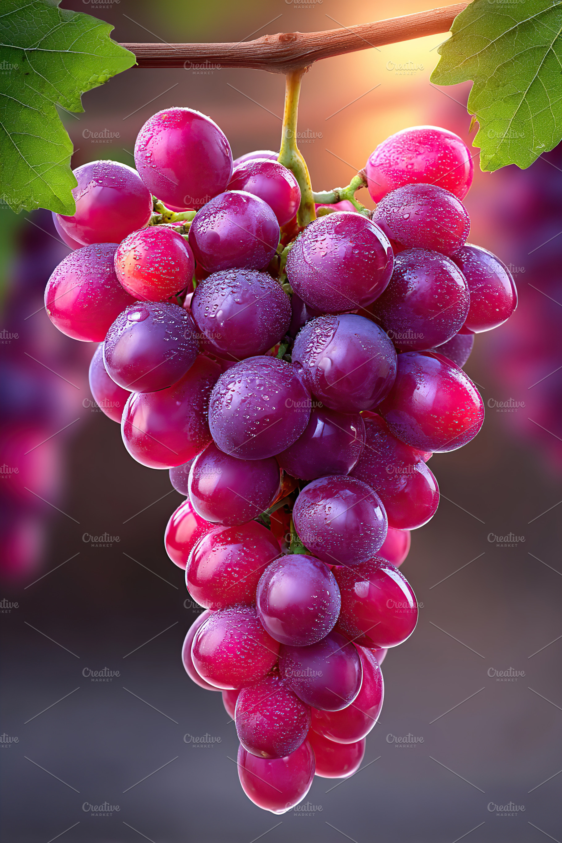 Juicy and vibrant bunch of grapes hanging from a vine in a sunny orchard, a Food & Drink Photo by AlyaAnd