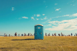 A portable toilet set in a field, a Photo by Pavel_design