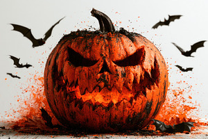 Scary Halloween pumpkin with flying bats, a Background Photo by José Manuel Gelpi