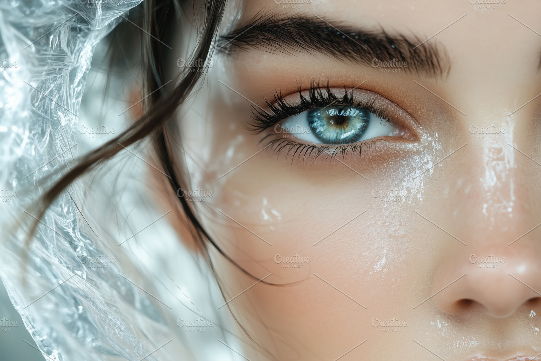 Close-up of an esthetic technologist woman's eye with striking blue-green iris,, a Person Photo by Textures & Backgrounds