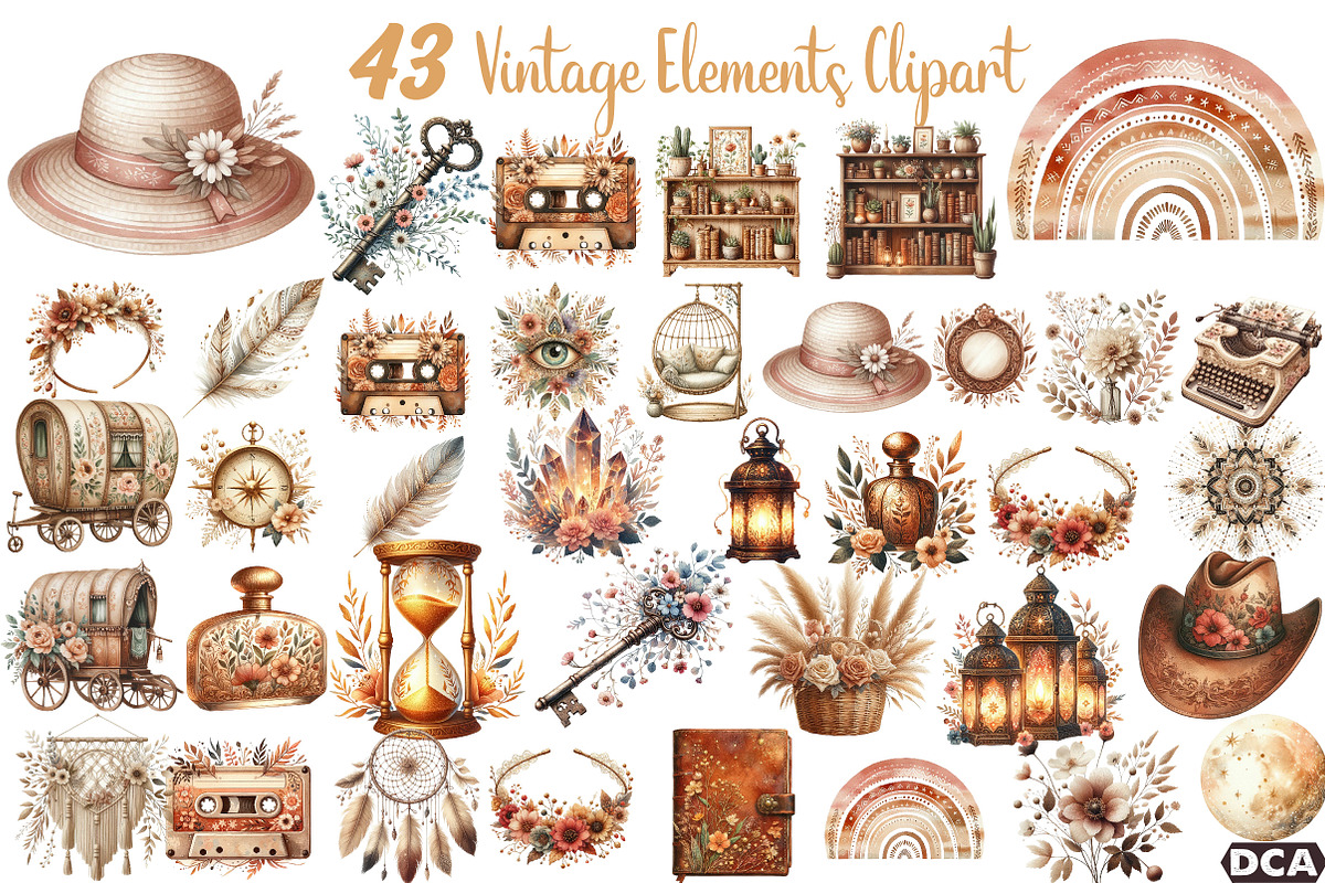 Boho Vibes Vintage Elements Clipart, an Illustration by DreamCafeArt (Photo 1 of 6)