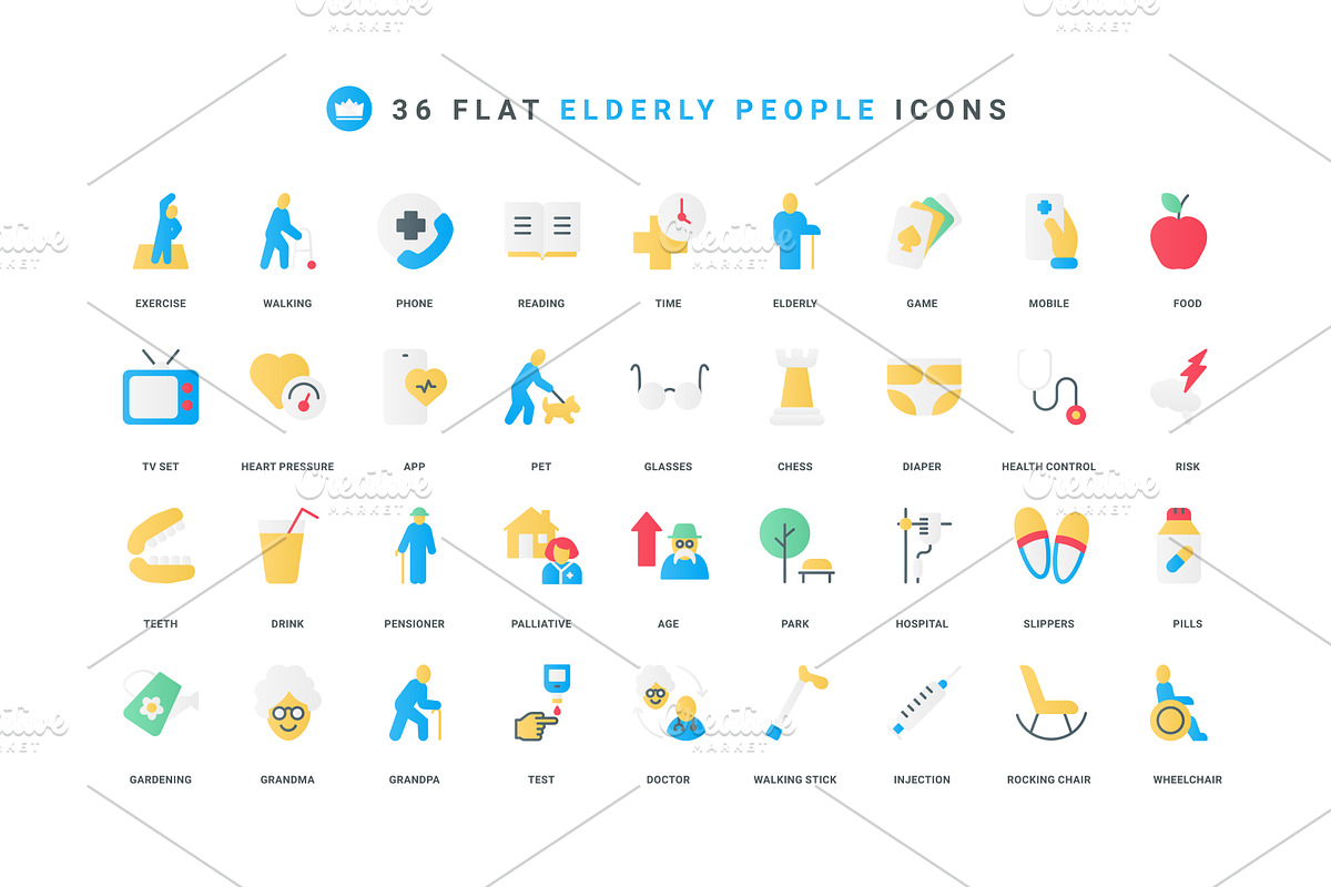 Senior people care health icons, an Object Illustration by Lemberg Vector