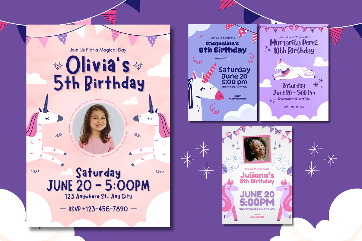 Unicorn Birthday Invitations, a Templates & Theme by TemplateCastleStore (Photo 2 of 9)