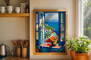 Cat Matisse Style Amalfi Coast Art, a Decorative Illustration by elfy creative