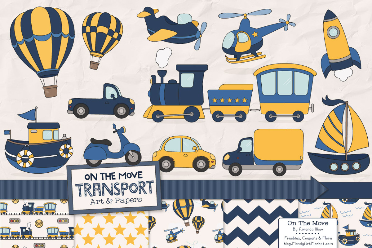 Navy & Yellow Transportation Clipart, a Transportation Illustration by Amanda Ilkov (Photo 1 of 3)
