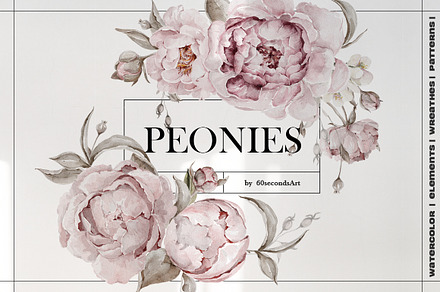 Watercolor peonies flowers Patterns, a Decorative Illustration by 60secondsArt