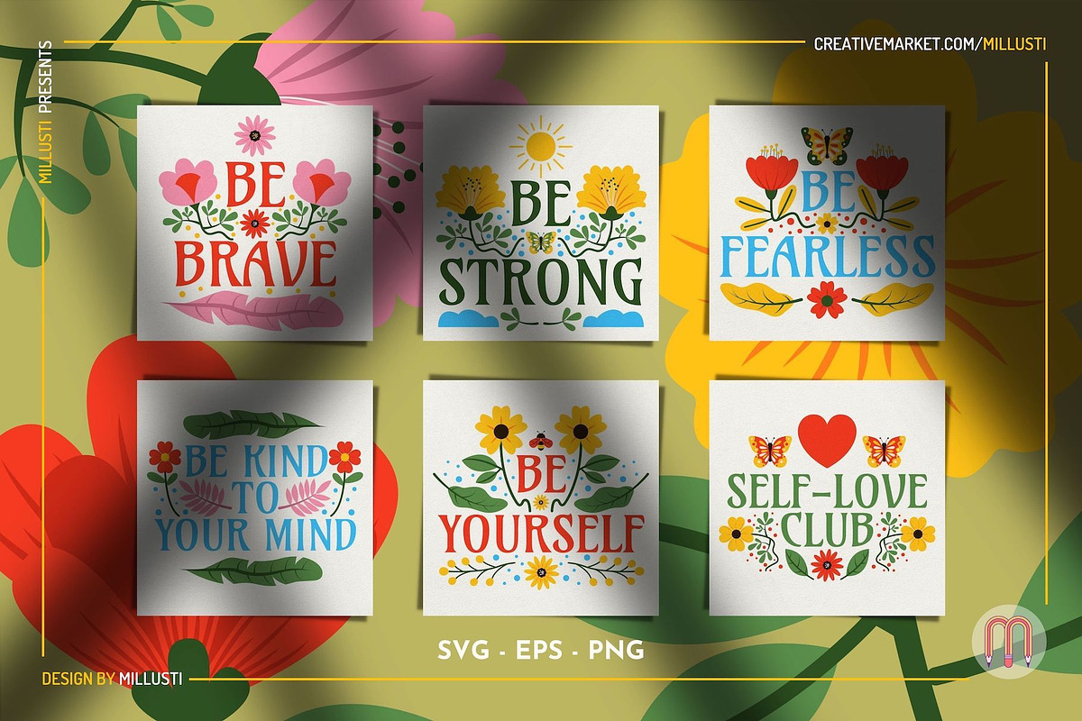30 Floral Self-Love Quotes SVG & EPS, a Decorative Illustration by Millusti (Photo 3 of 9)