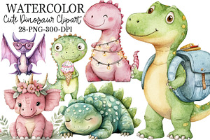Cute Dinosaur Watercolor Clipart, an Illustration by Rose Art