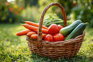Fresh vegetables in a wicker basket, a Food & Drink Photo by AlyaAnd