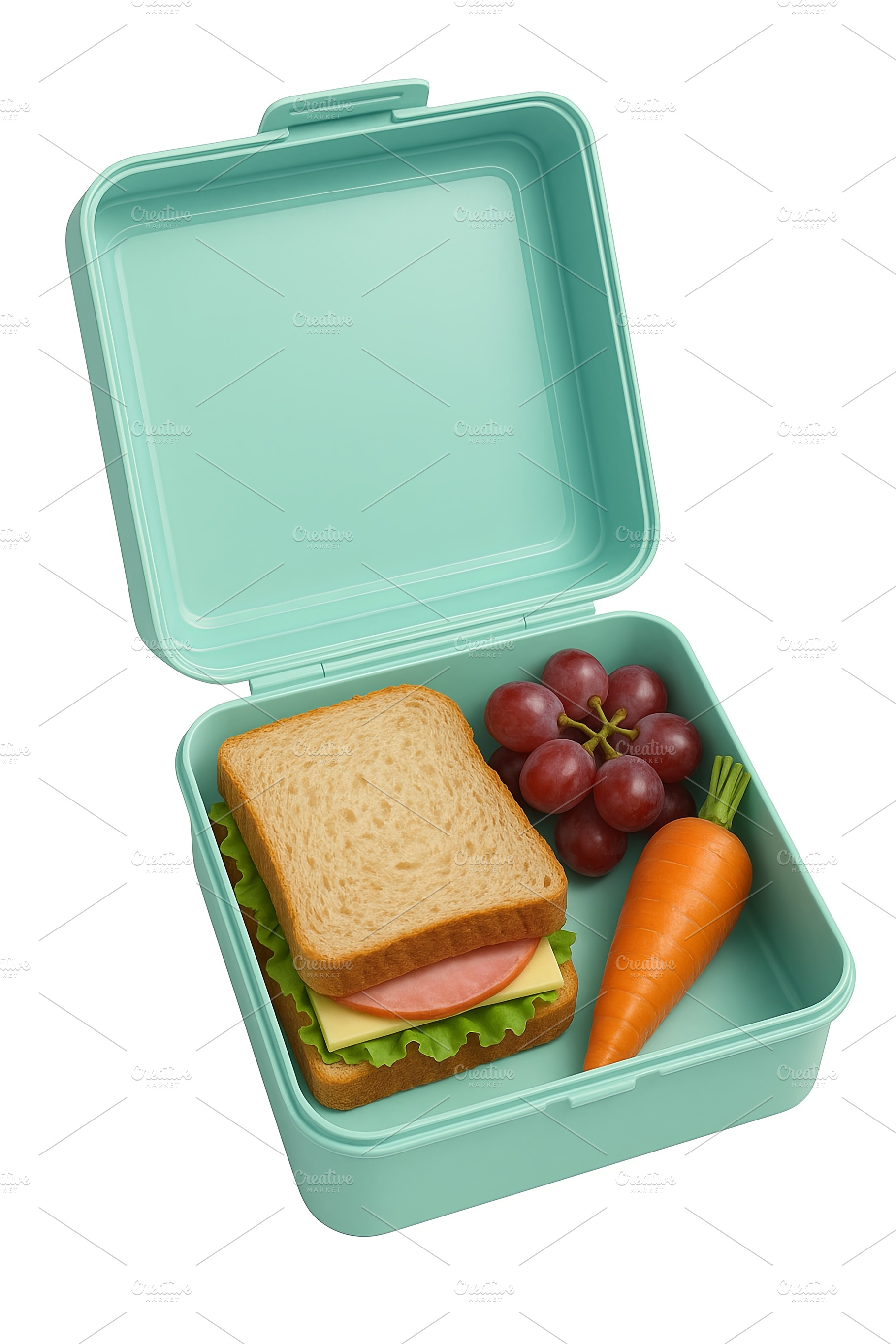 Lunchbox with sandwich, grapes, carr, a Photo by Dvoevnore photos