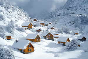 Snow-covered village nestled in peac, a Photo by Tanuart