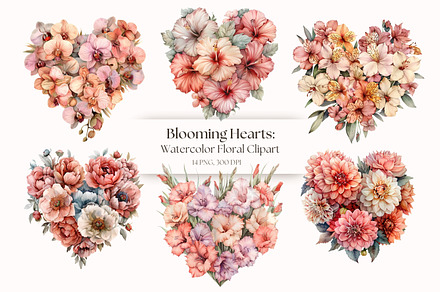 Floral Hearts Watercolor Clipart