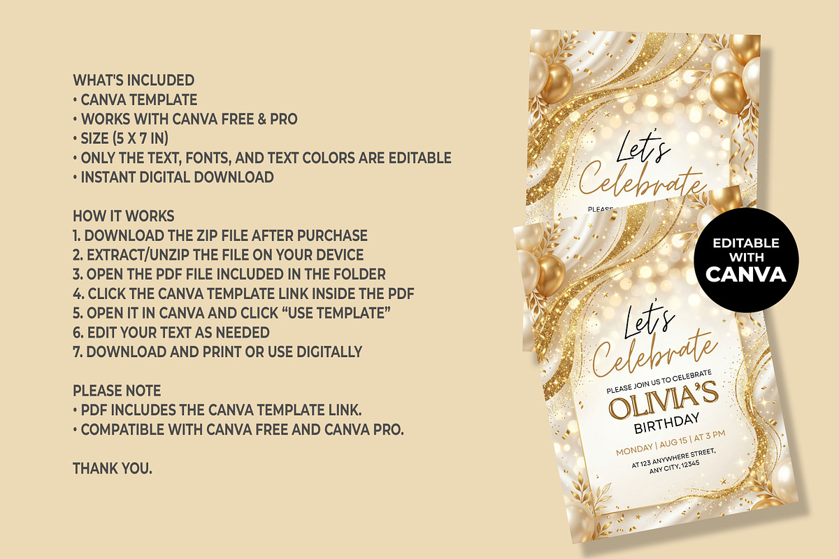 Gold Birthday Invitation Template, an Invitation Template by M9 Design (Photo 4 of 4)