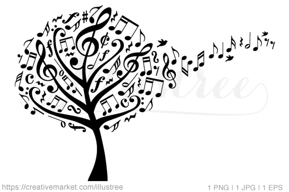 Music tree with flying notes, vector, an Illustration by Illustree