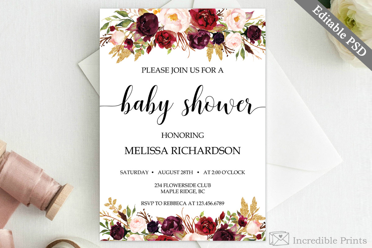 Marsala Baby Shower Invitation, an Invitation Template by Blush Roses Print, image size:1200x800
