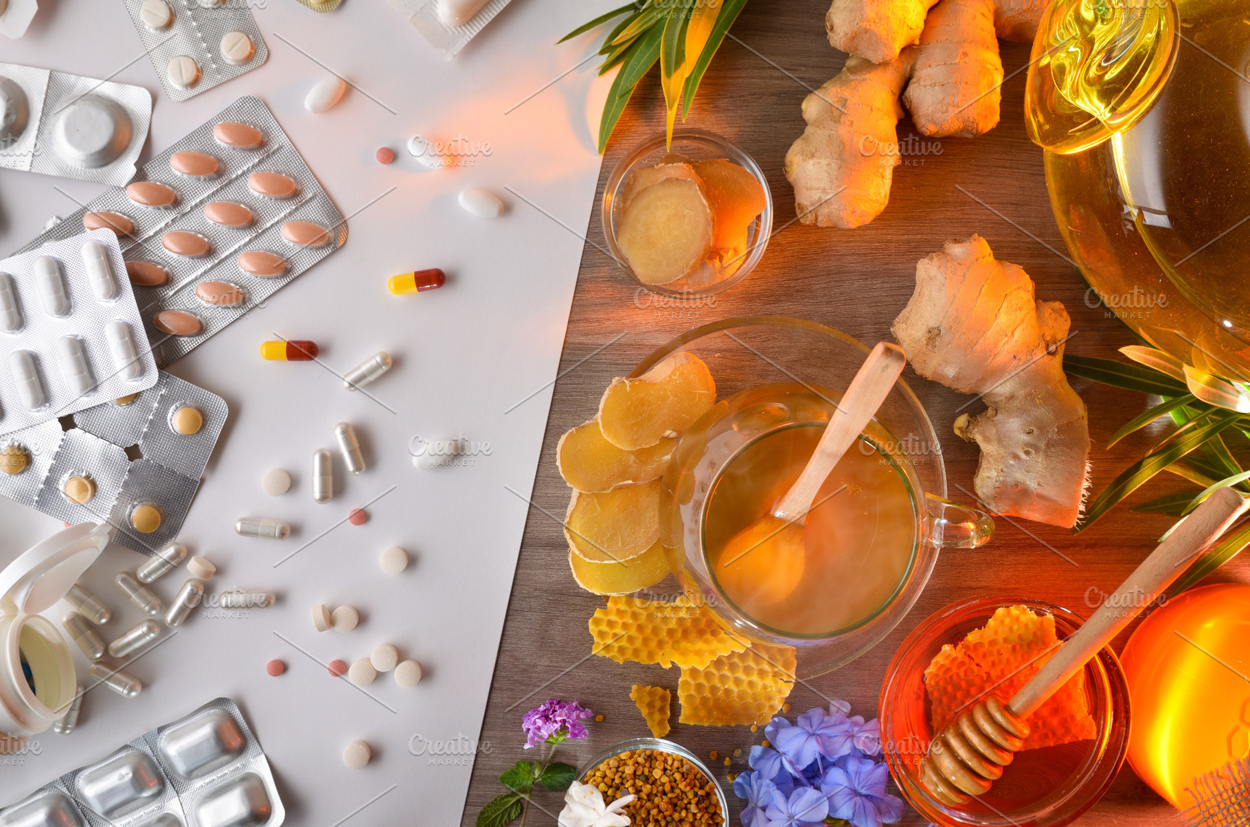 Comparison between chemical medicine and herbal medicine on tabl, a Food & Drink Photo by Davizro's Market