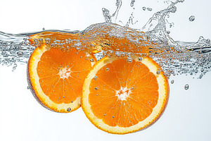 Sliced orange falling into water on white background, a Food & Drink Photo by AlyaAnd