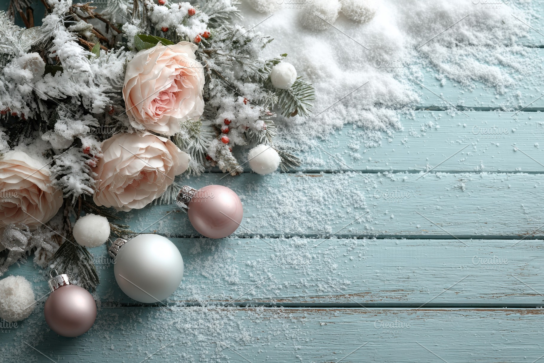 Festive roses snow Christmas ornamen, a Photo by Pixeness Studio