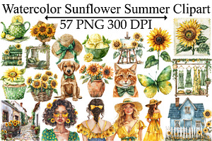 Watercolor Sunflower Summer Clipart, an Illustration by Design Market