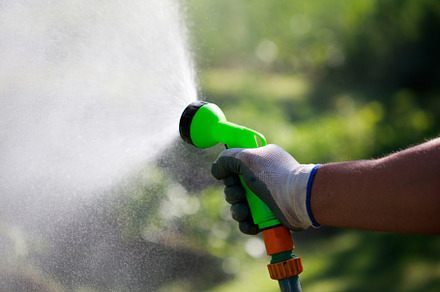 Water spray gun with hose in a man's hand. Watering the lawn using the hose con, a Nature Photo by photoguns