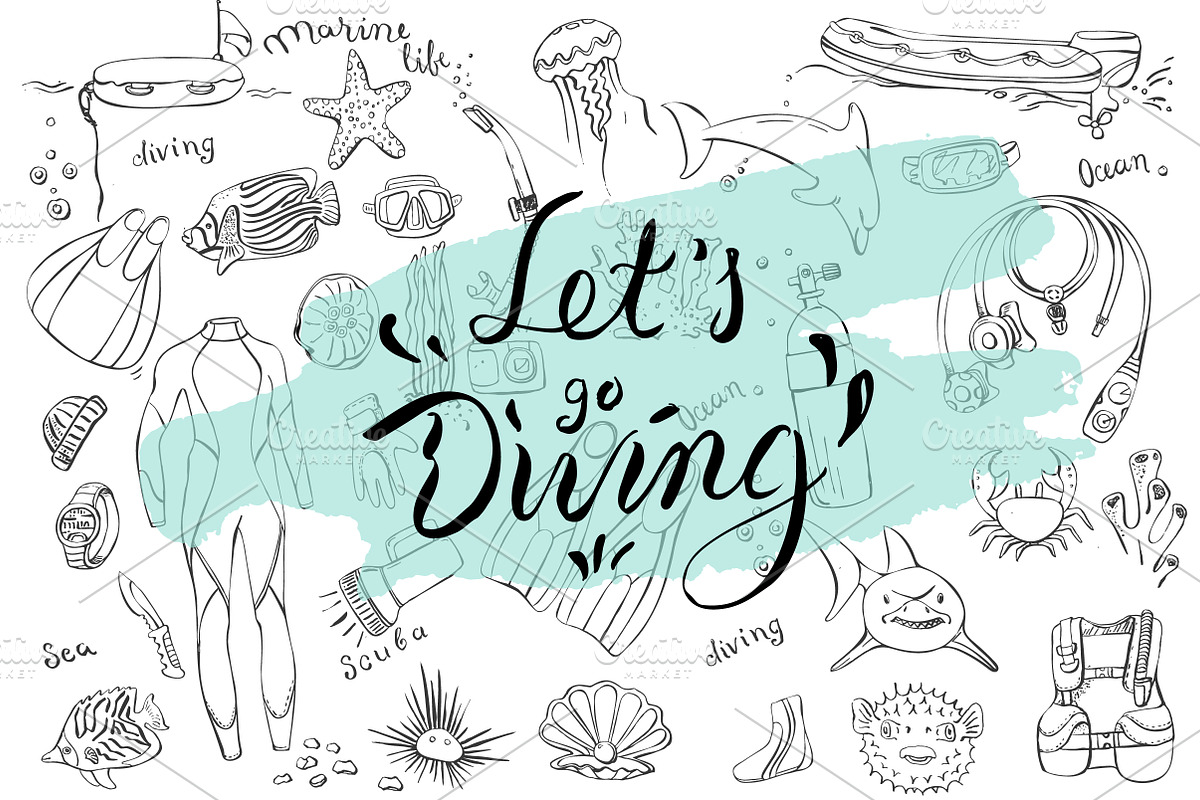 Diving doodles, patterns, lettering., an Illustration by airdynamic (Photo 1 of 8)