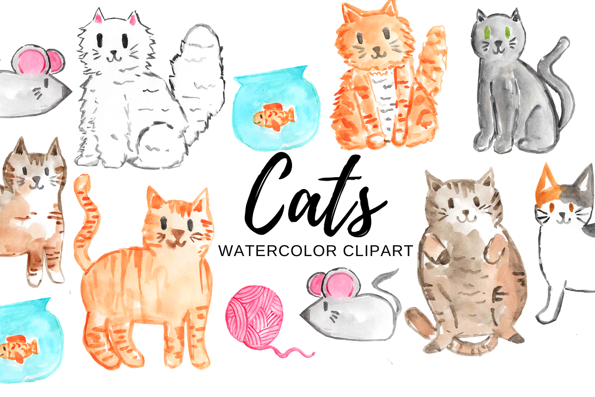 Watercolor cat clipart, an Animal Illustration by Writelovely (Photo 1 of 2)