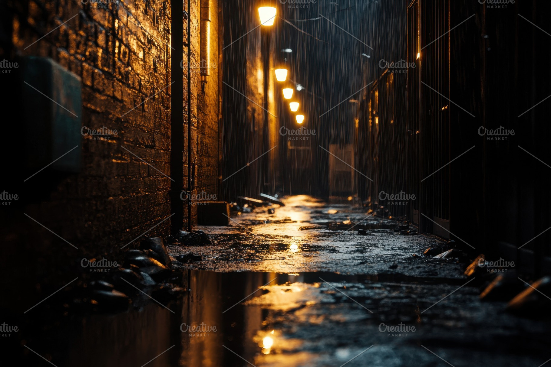 Rain-soaked alleyway illuminated by, a Photo by Tanuart