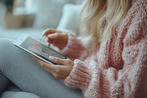 A young woman with long, wavy hair in a cozy pink sweater, using a tablet while, a Person Photo by ImageMir