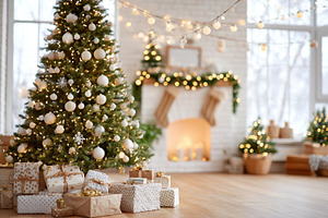 Cozy christmas living room with decorated tree and gifts, a Holiday Photo by AlyaAnd