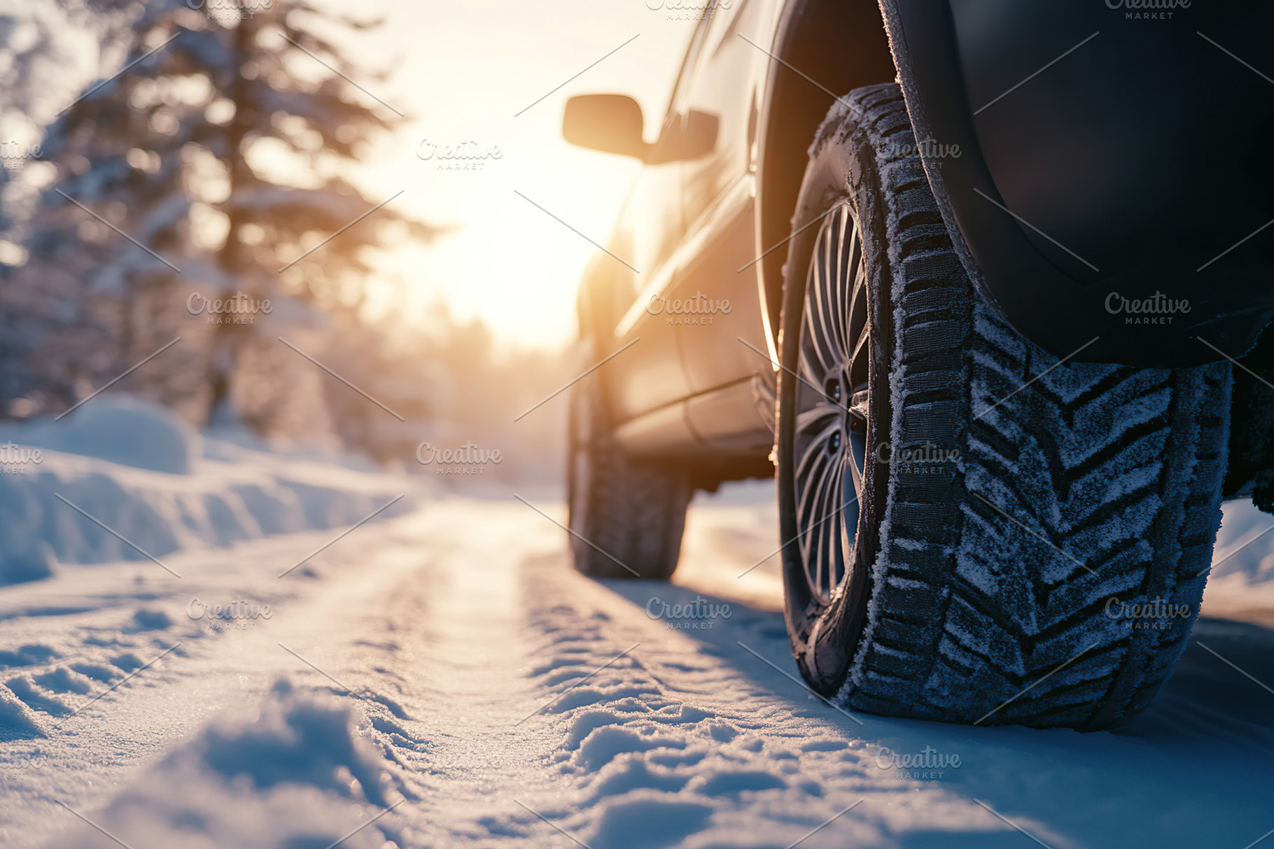 Car wheel with winter tire on snowy road, a Transportation Photo by AlyaAnd