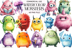 Cute Monsters Watercolor Clipart, an Illustration by Daily.Designs