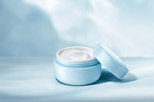 Hydrating facial cream in open pale blue cosmetic jar with lid c, a Photo by Studio ANNA