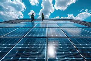 Two workers installing solar panels on a rooftop under a bright blue sky with f, a Technology Photo by Textures & Backgrounds