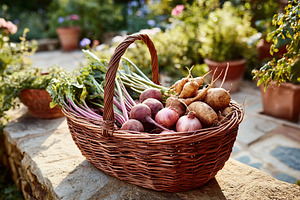Harvest of fresh garden vegetables gathered in a woven basket during late after, a Food & Drink Photo by AlyaAnd