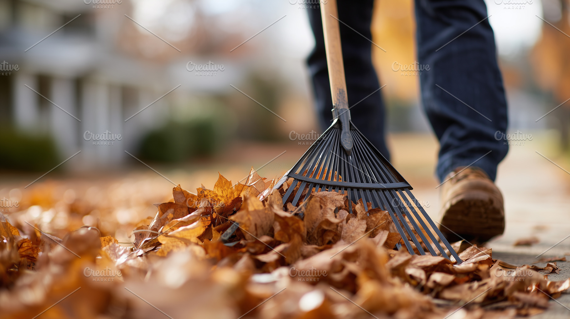 Man raking dry autumn leaves, a Nature Photo by MistyDay