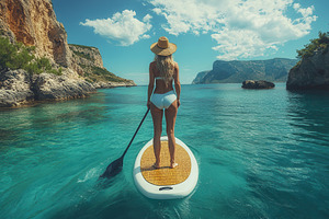 Paddleboarding in crystal clear wate, a Photo by Tanuart