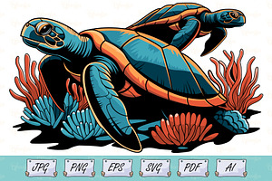 Coral Reef with Sea Turtles Vector, an Animal Illustration by Ghagra