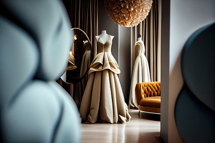 interior of a haute couture evening dress shop. High fashion con