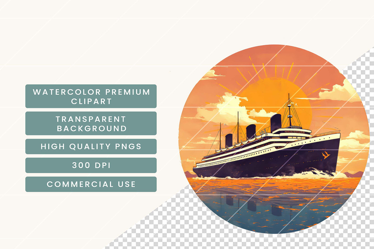 Vintage Cruise Ship Sunset Clipart, a Transportation Illustration by BusyDaydesign (Photo 5 of 9)