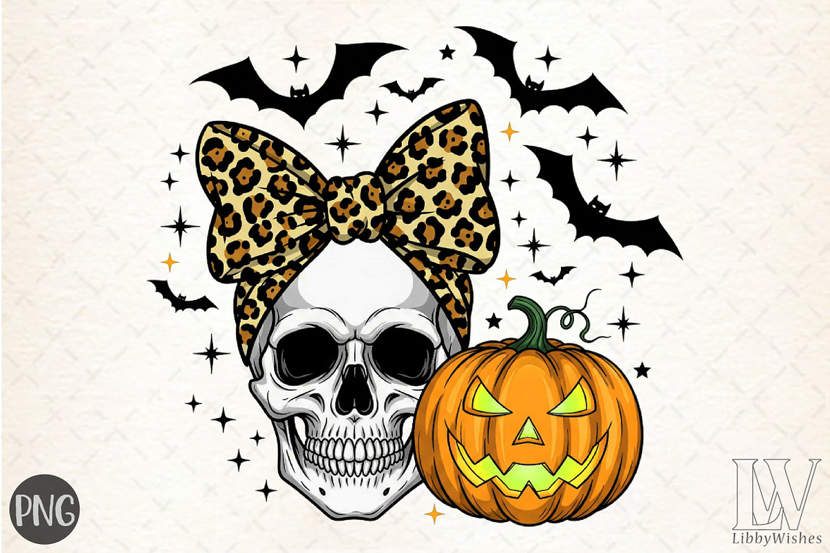 Skull With Bow,Pumpkin Halloween PNG, an Illustration by Libby Wishes (Photo 1 of 6)