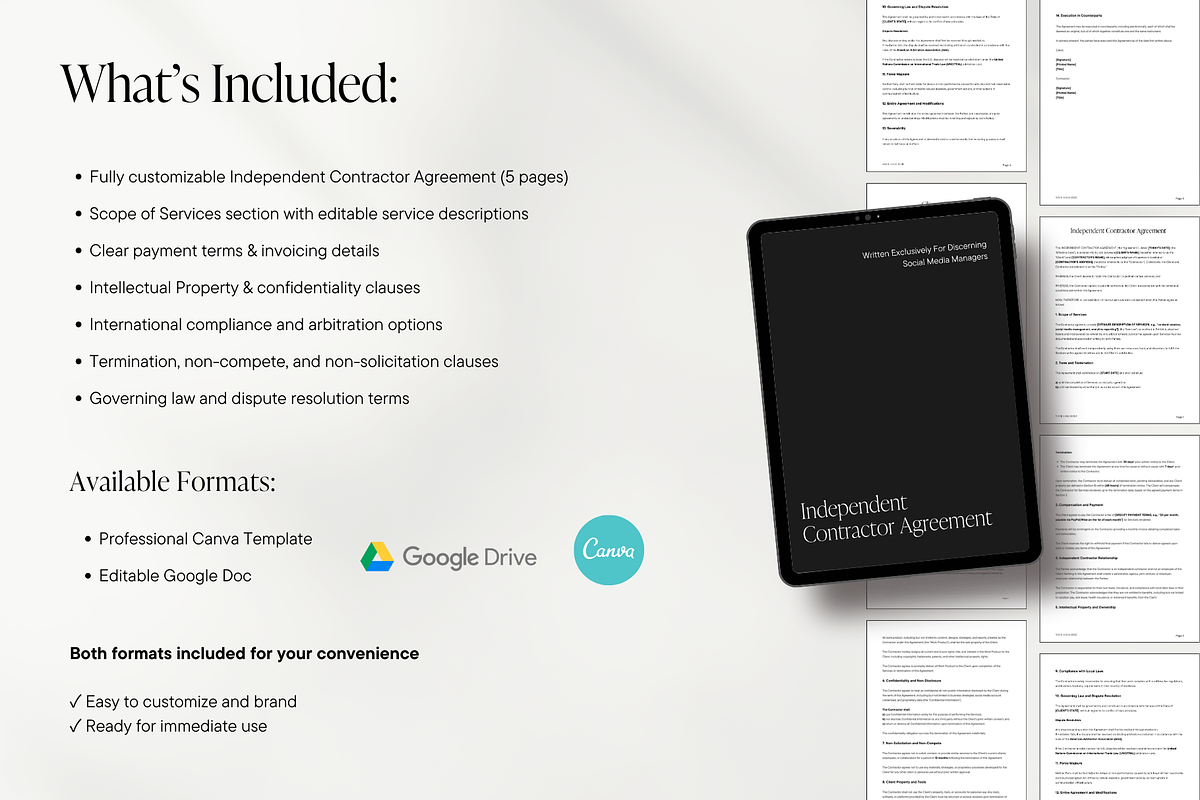 Independent Contractor Agreement Template for Social Media Managers | Editable & International-Friendly preview 2
