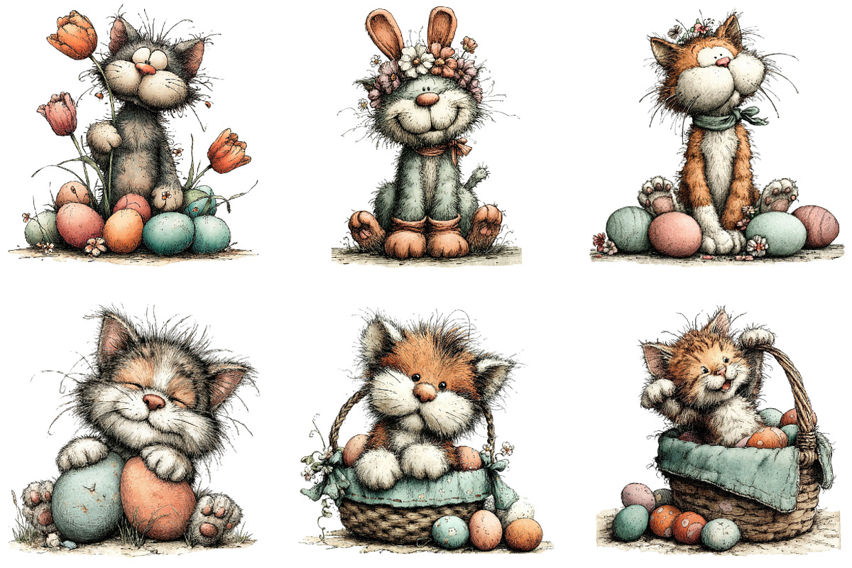 Whimsical Easter Cats Clipart, an Illustration by CraftArtStudio (Photo 2 of 6)