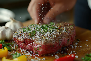Seasoning a juicy steak with salt an, a Food & Drink Photo by Pixeness Studio
